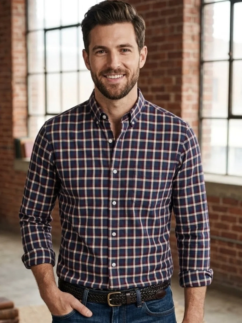 J. Crew Men's Navy and Red Plaid Button-Down Shirt - size medium - office - work